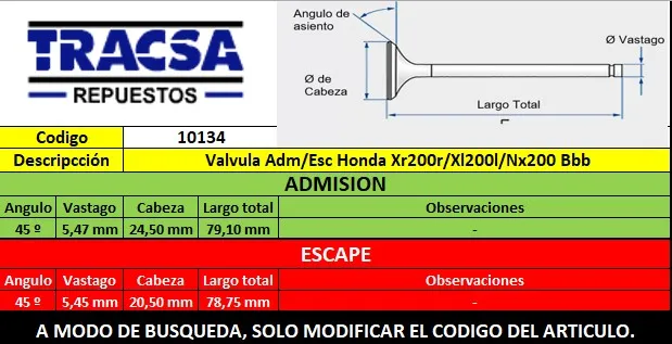 Valvula Adm/Esc Honda Xr200r/Xl200l/Nx200 Bbb