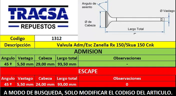 Valvula Adm/Esc Zanella Rx 150/Skua 150 Cnk