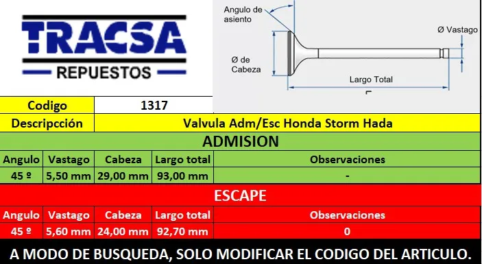 Valvula Adm/Esc Honda Storm Hada