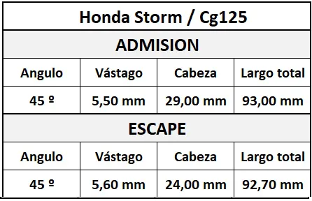 Valvula Adm/Esc Honda Storm/Cg125  Bbb